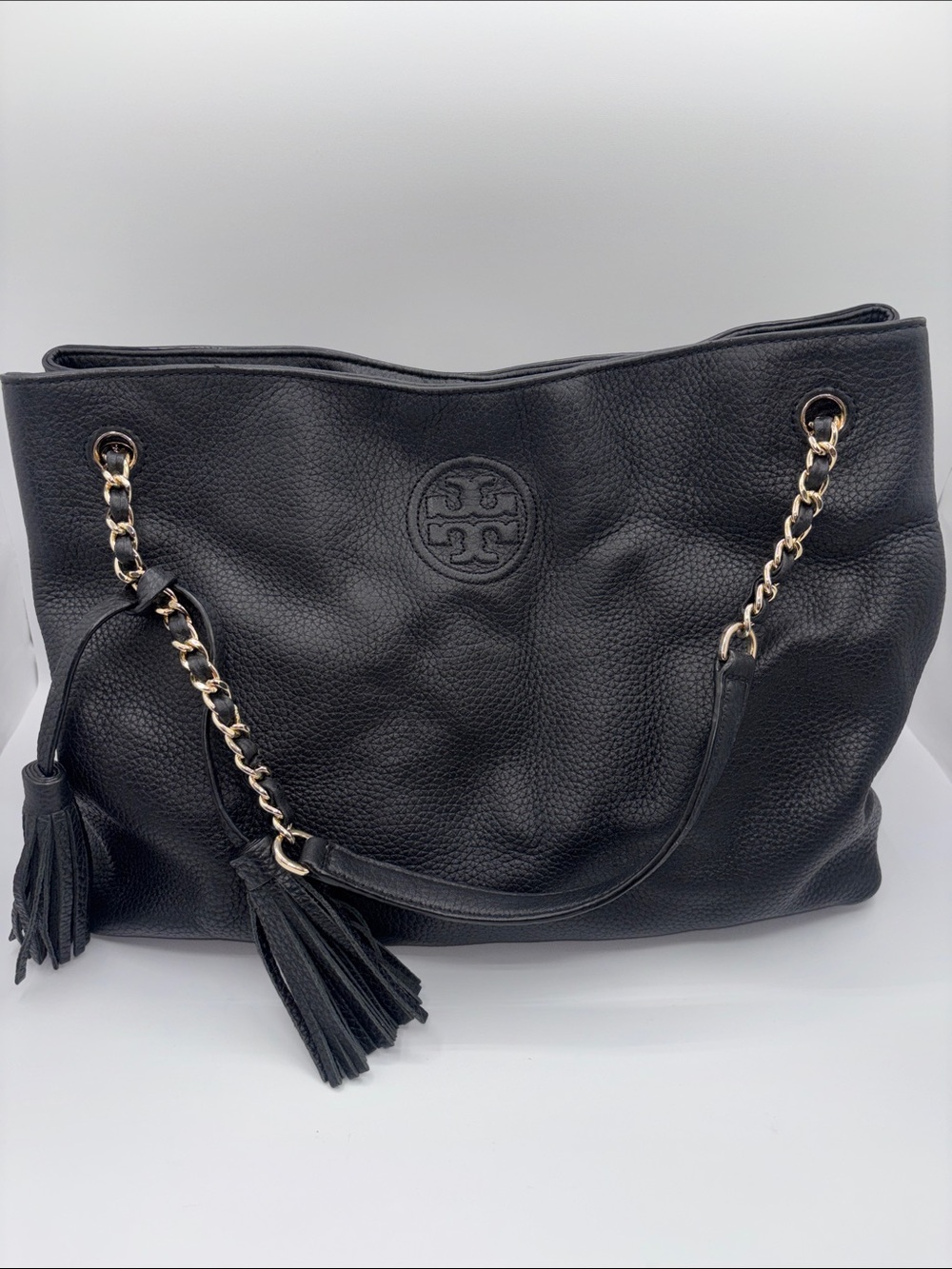 Tory Burch Black Pebbled Leather Tassel Chain Tote